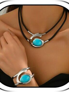 New Turquoise Necklace Boho & Bracelet Set Chunky Choker Thick Gold Silver